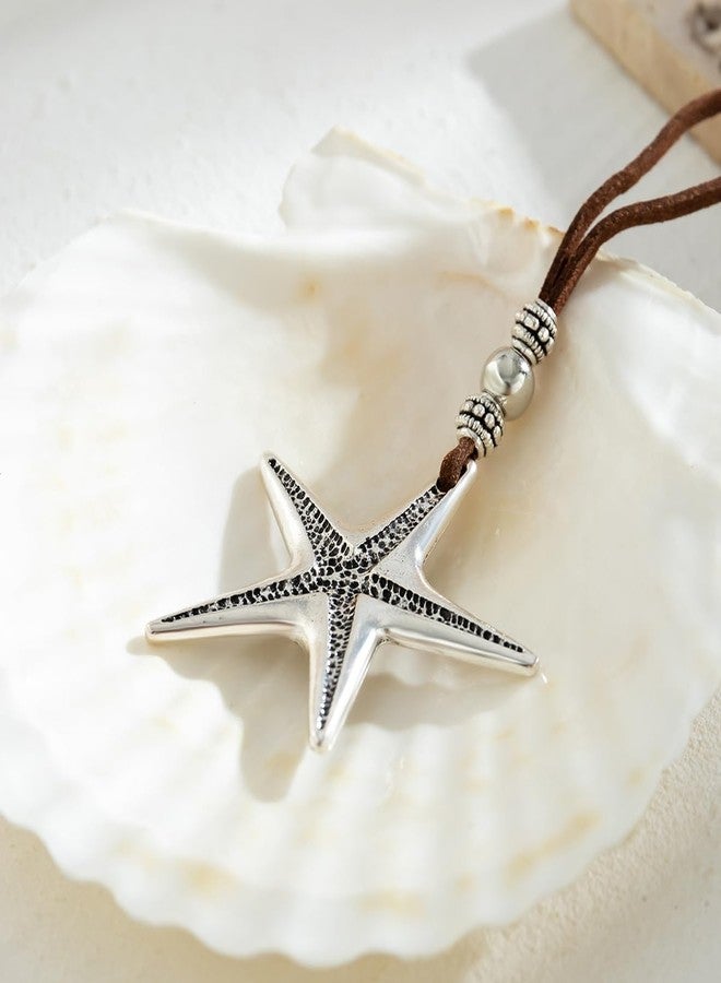 Xeyau Starfish Necklace Leather Summer Necklace Boho Starfish Sea Shell Pendant Choker Cord Silver Summer Beach Necklaces Summer Dresses Jewelry for Women (Star) - Image 5